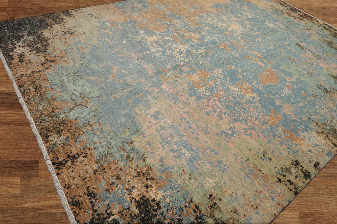 Celeste Rugs 9x12 Hand Knotted Wool & Silk Sherpa Modern & Contemporary Oriental Area Rug Aqua Peach Color