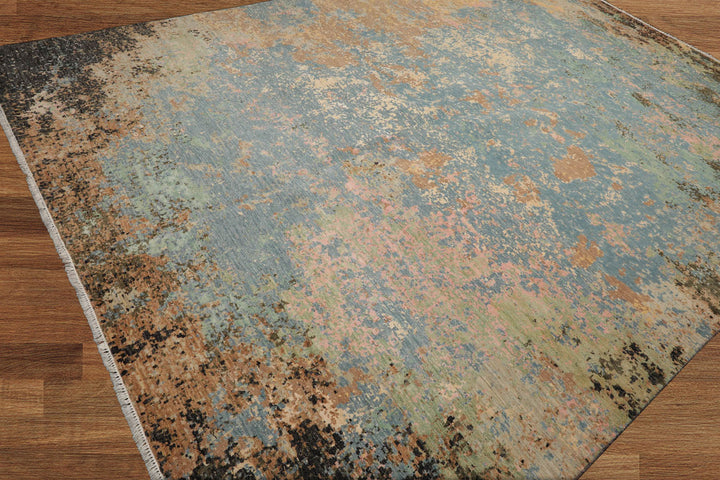 Celeste Rugs 9x12 Hand Knotted Wool & Silk Sherpa Modern & Contemporary Oriental Area Rug Aqua Peach Color