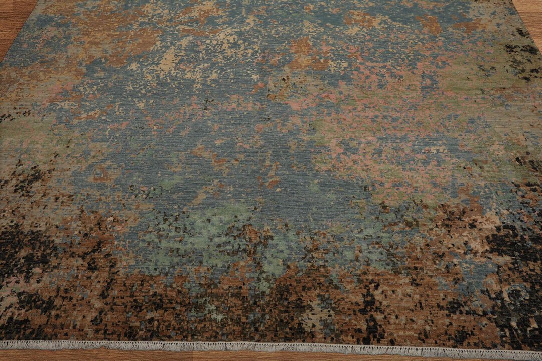 Celeste Rugs 9x12 Hand Knotted Wool & Silk Sherpa Modern & Contemporary Oriental Area Rug Aqua Peach Color