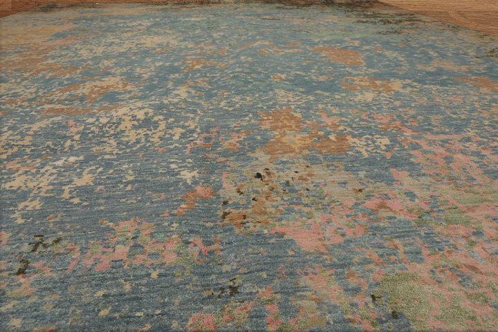 Celeste Rugs 9x12 Hand Knotted Wool & Silk Sherpa Modern & Contemporary Oriental Area Rug Aqua Peach Color