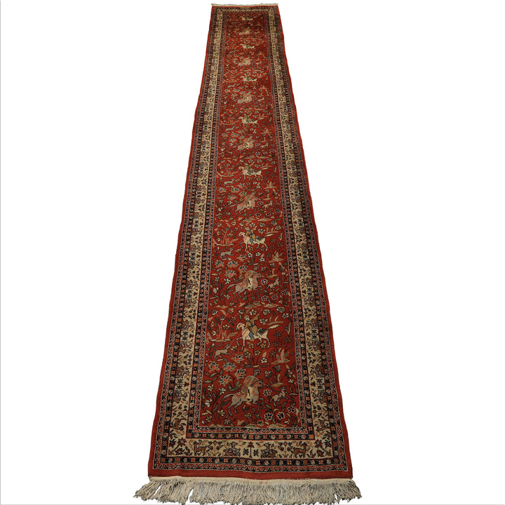 Runner Burnt Orange, Ivory, Navy Color Hand Knotted Kashan Wool Traditional Oriental Rug