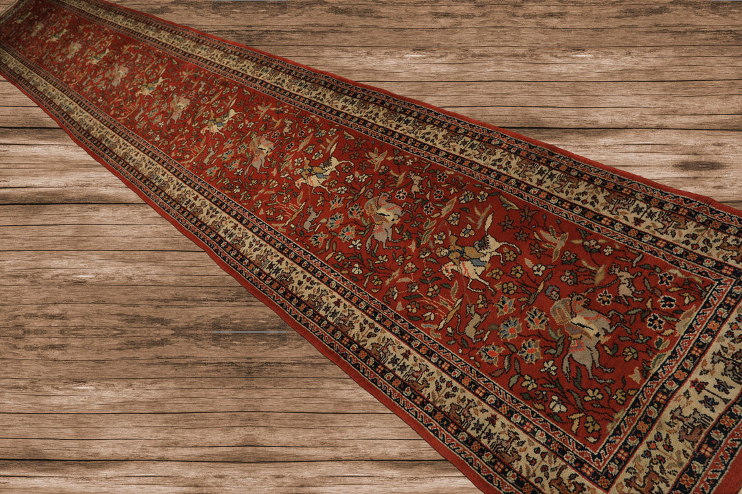 Runner Burnt Orange, Ivory, Navy Color Hand Knotted Kashan Wool Traditional Oriental Rug