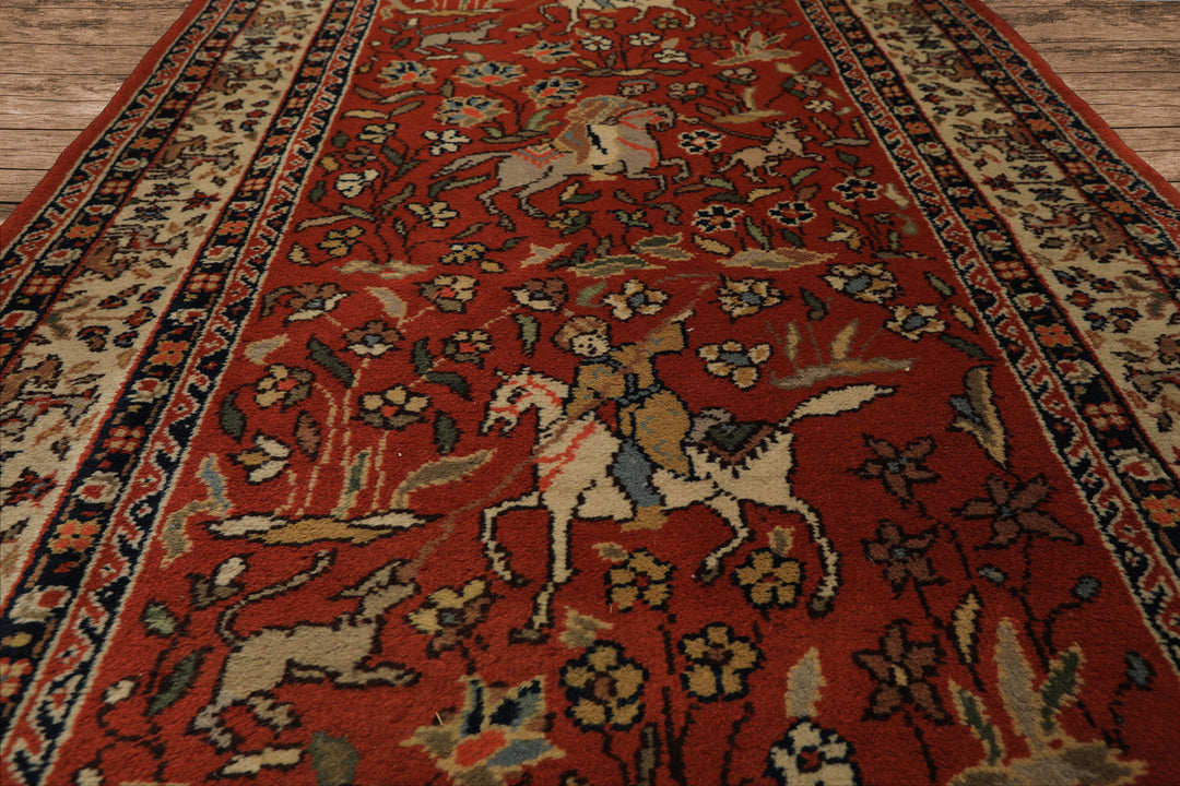 Runner Burnt Orange, Ivory, Navy Color Hand Knotted Kashan Wool Traditional Oriental Rug