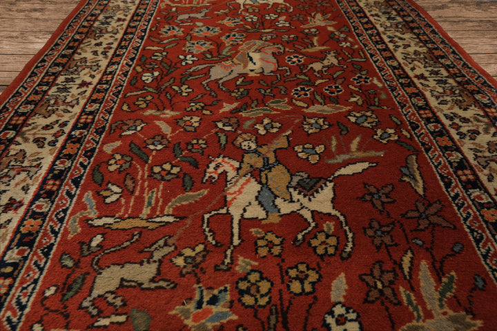Runner Burnt Orange, Ivory, Navy Color Hand Knotted Kashan Wool Traditional Oriental Rug