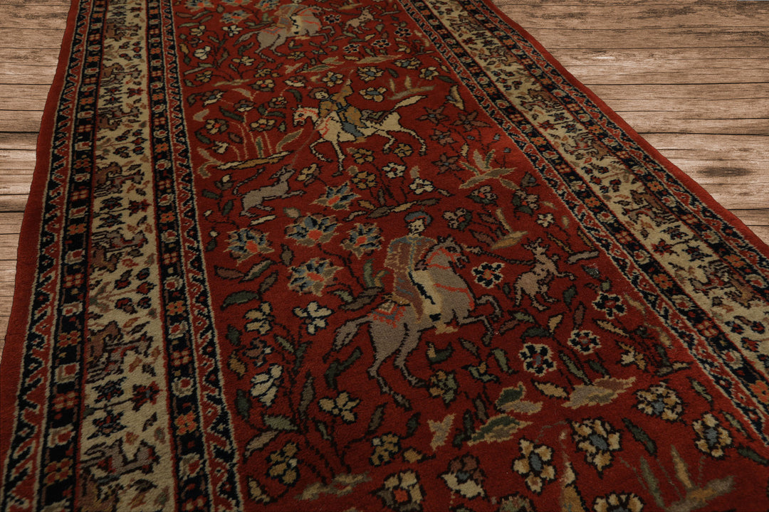 Runner Burnt Orange, Ivory, Navy Color Hand Knotted Kashan Wool Traditional Oriental Rug