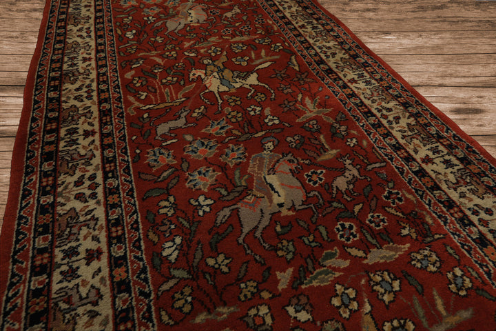 Runner Burnt Orange, Ivory, Navy Color Hand Knotted Kashan Wool Traditional Oriental Rug