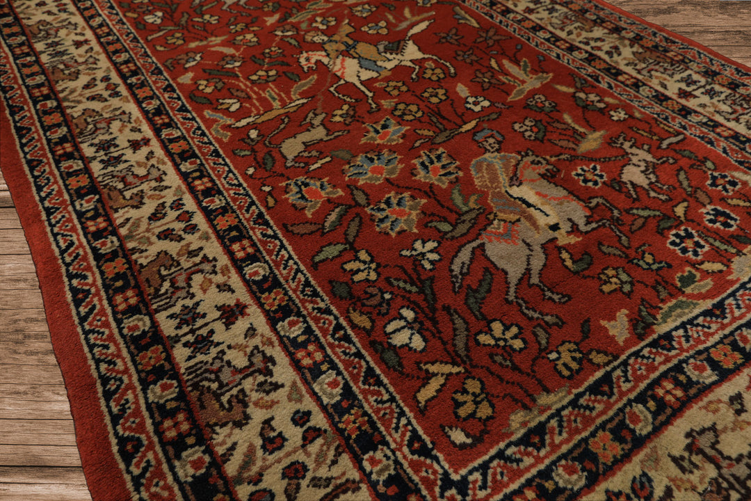 Runner Burnt Orange, Ivory, Navy Color Hand Knotted Kashan Wool Traditional Oriental Rug