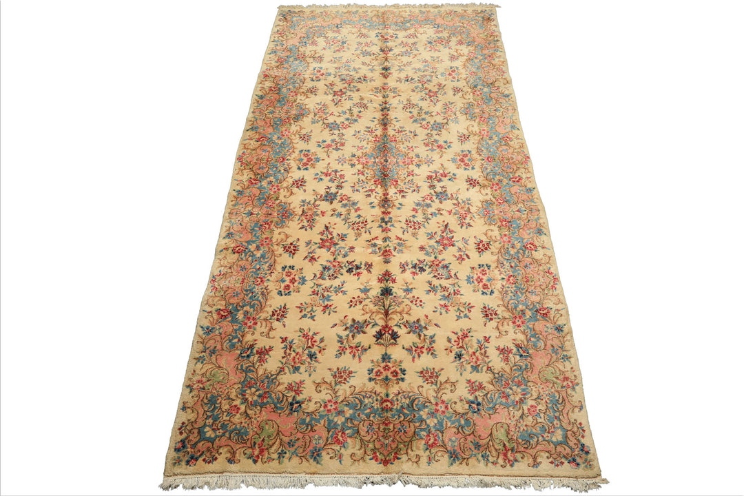 Runner Ivory, Aqua, Blush Color Hand Knotted Kerman Wool Modern & Contemporary Oriental Rug