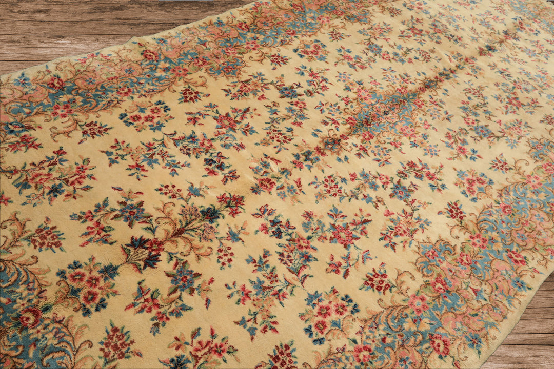 Runner Ivory, Aqua, Blush Color Hand Knotted Kerman Wool Modern & Contemporary Oriental Rug