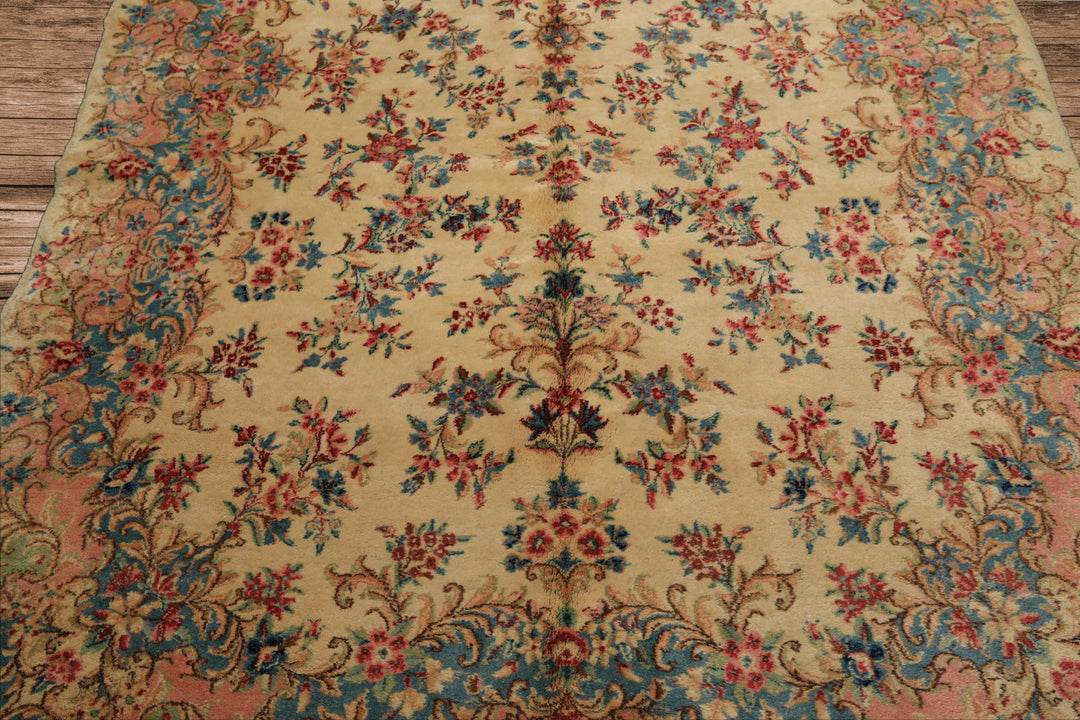 Runner Ivory, Aqua, Blush Color Hand Knotted Kerman Wool Modern & Contemporary Oriental Rug