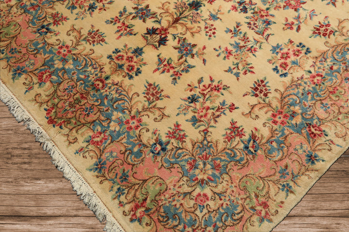 Runner Ivory, Aqua, Blush Color Hand Knotted Kerman Wool Modern & Contemporary Oriental Rug