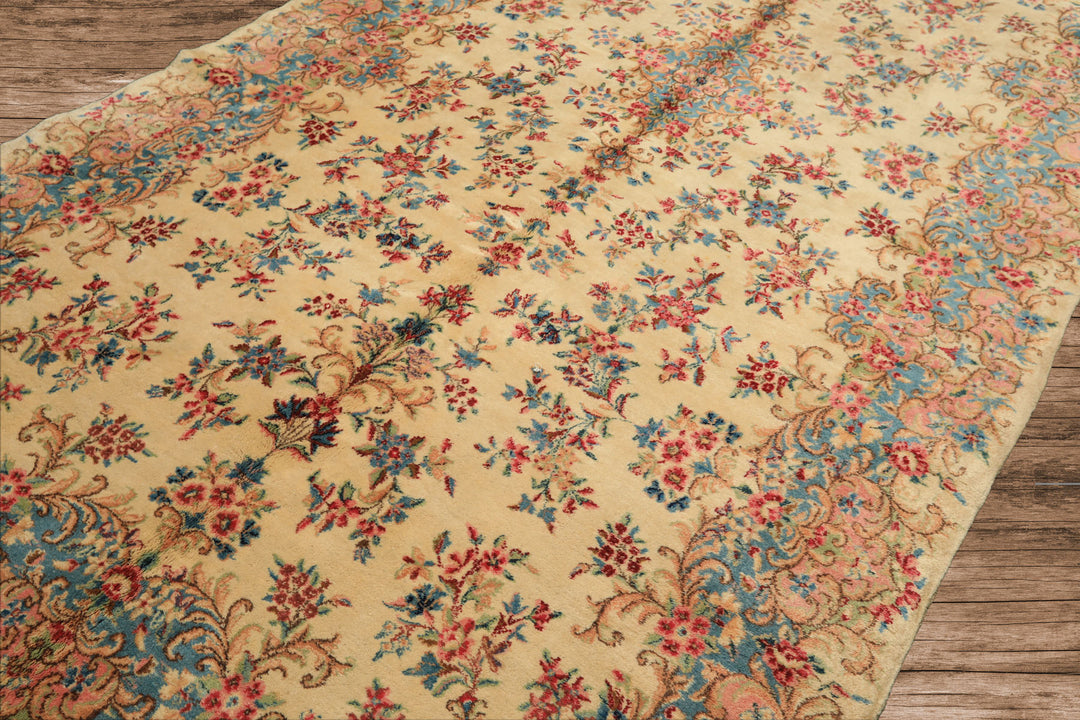 Runner Ivory, Aqua, Blush Color Hand Knotted Kerman Wool Modern & Contemporary Oriental Rug