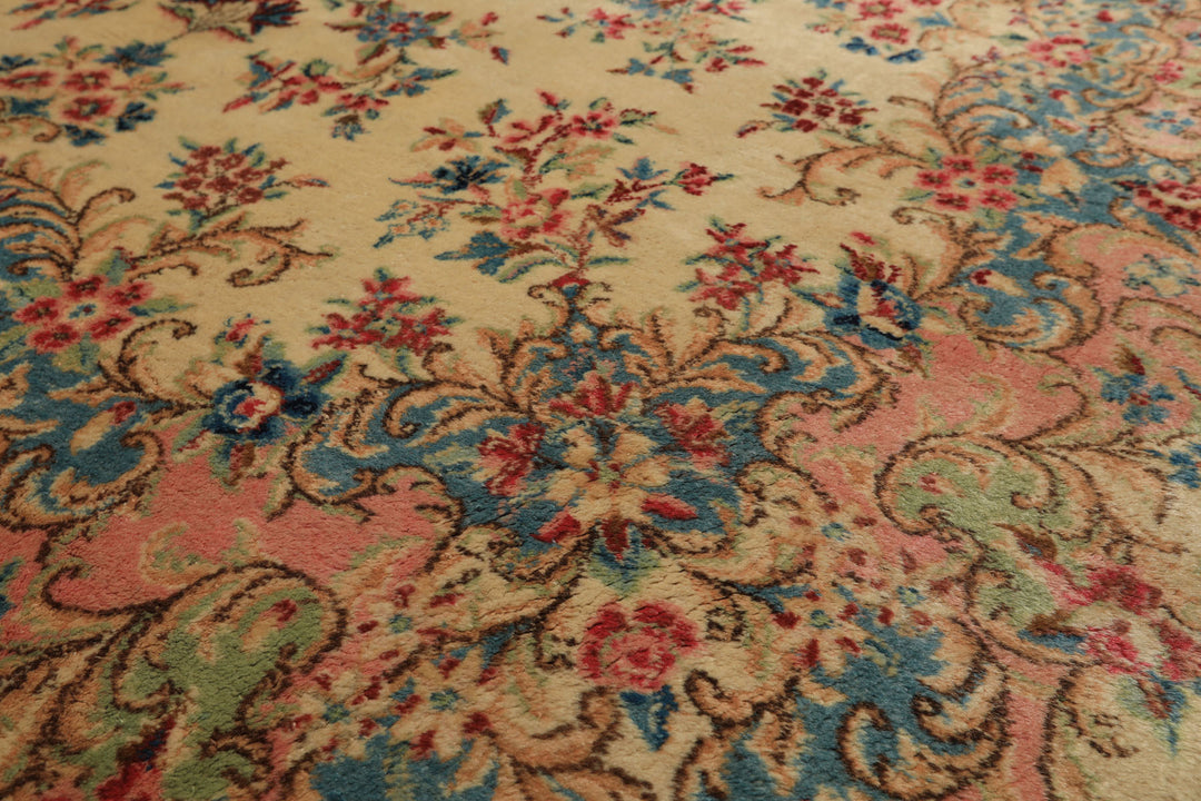 Runner Ivory, Aqua, Blush Color Hand Knotted Kerman Wool Modern & Contemporary Oriental Rug