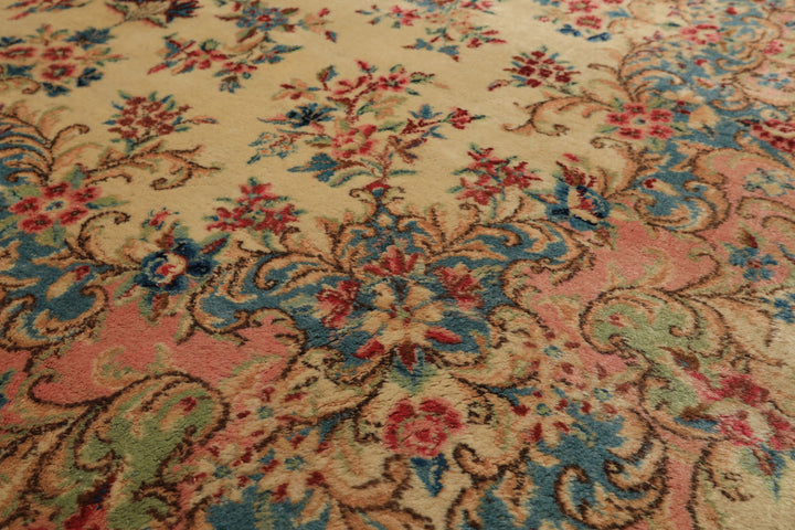 Runner Ivory, Aqua, Blush Color Hand Knotted Kerman Wool Modern & Contemporary Oriental Rug