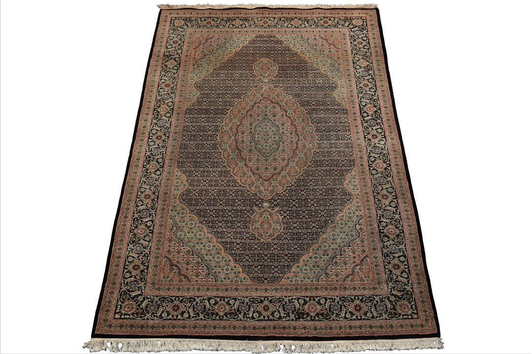6x9 Black, Blush, Green Color Hand Knotted Tabriz Wool & Silk Traditional Oriental Rug