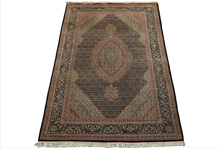 6x9 Black, Blush, Green Color Hand Knotted Tabriz Wool & Silk Traditional Oriental Rug