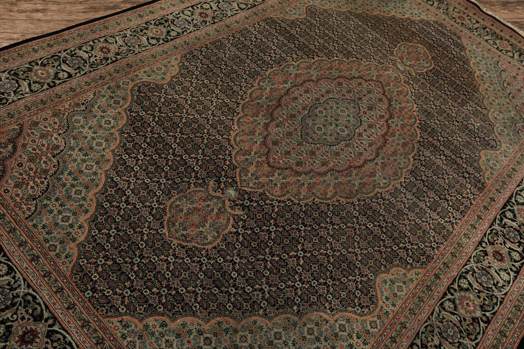6x9 Black, Blush, Green Color Hand Knotted Tabriz Wool & Silk Traditional Oriental Rug
