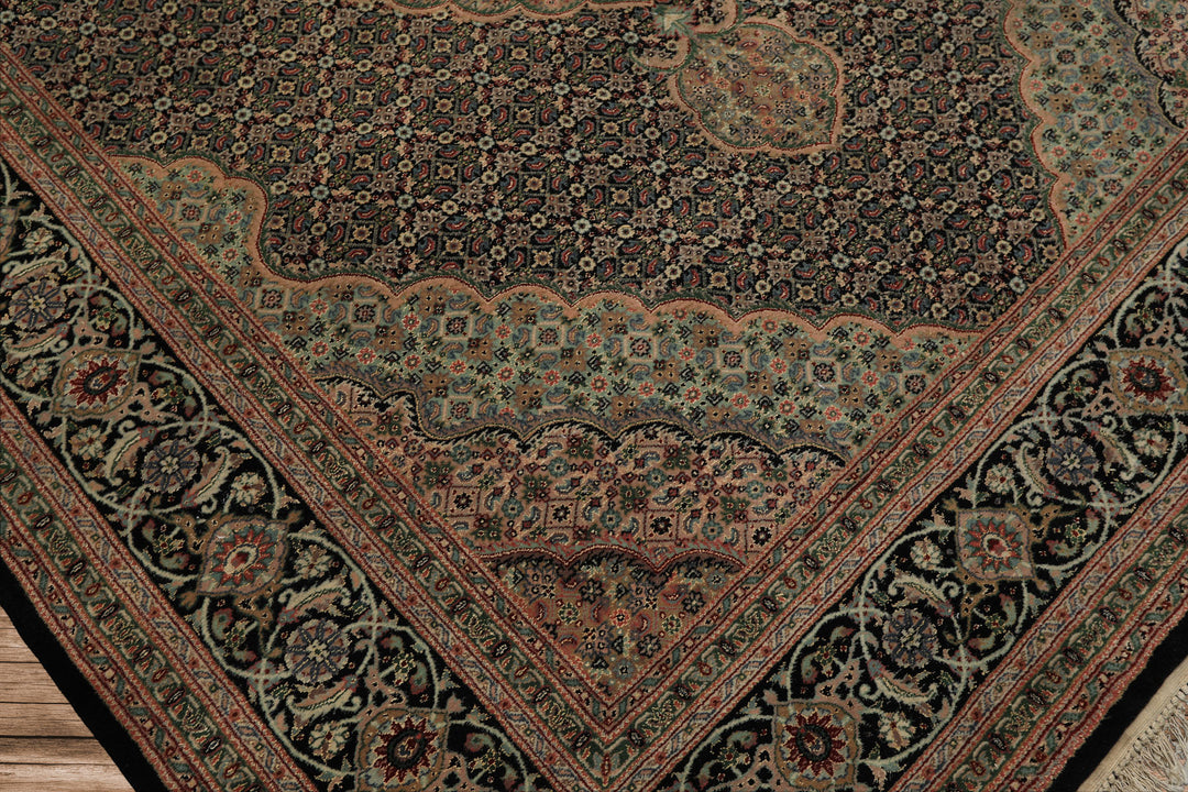 6x9 Black, Blush, Green Color Hand Knotted Tabriz Wool & Silk Traditional Oriental Rug