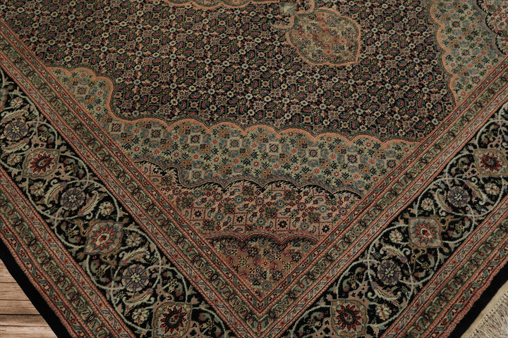 6x9 Black, Blush, Green Color Hand Knotted Tabriz Wool & Silk Traditional Oriental Rug