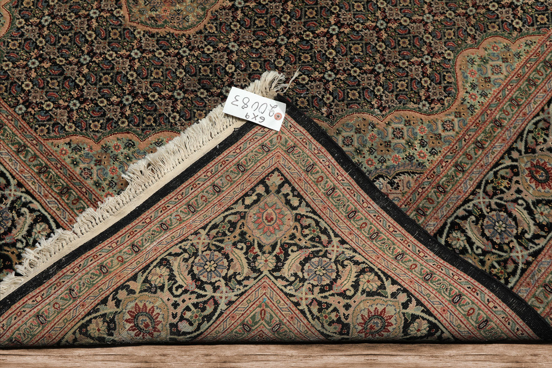 6x9 Black, Blush, Green Color Hand Knotted Tabriz Wool & Silk Traditional Oriental Rug