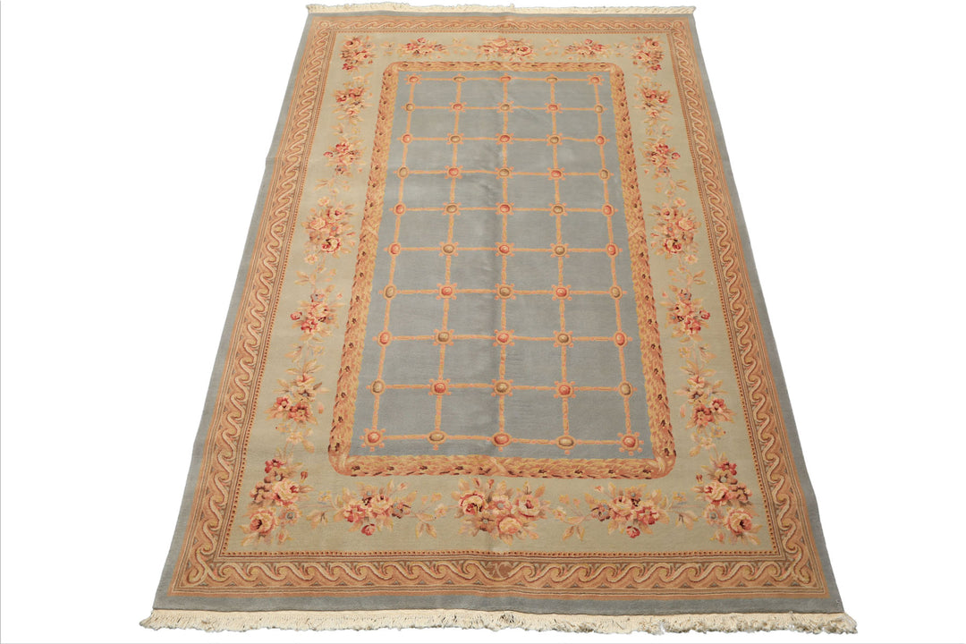 6x9 Aqua, Mint, Tan Color Hand Knotted French Aubusson Savonerrie Wool & Silk Traditional Oriental Rug