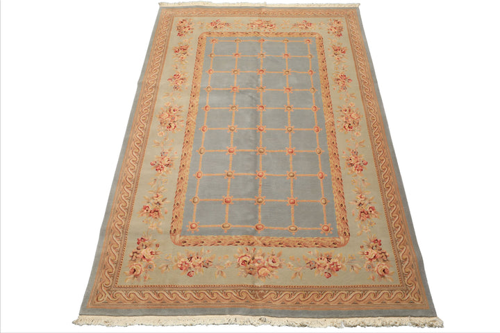 6x9 Aqua, Mint, Tan Color Hand Knotted French Aubusson Savonerrie Wool & Silk Traditional Oriental Rug