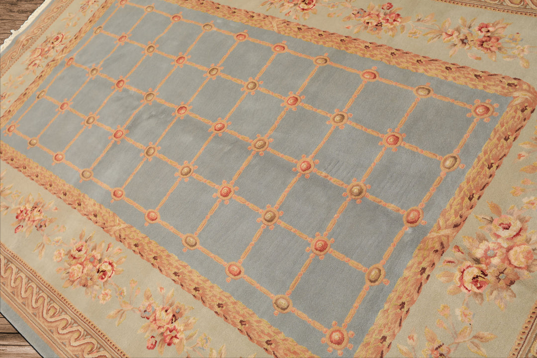 6x9 Aqua, Mint, Tan Color Hand Knotted French Aubusson Savonerrie Wool & Silk Traditional Oriental Rug