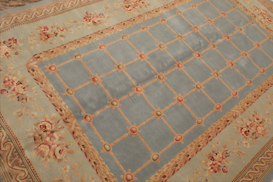 6x9 Aqua, Mint, Tan Color Hand Knotted French Aubusson Savonerrie Wool & Silk Traditional Oriental Rug