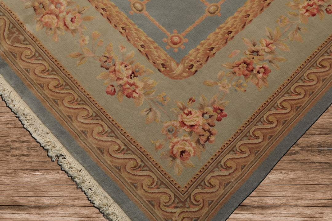 6x9 Aqua, Mint, Tan Color Hand Knotted French Aubusson Savonerrie Wool & Silk Traditional Oriental Rug