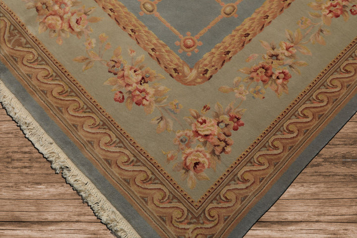 6x9 Aqua, Mint, Tan Color Hand Knotted French Aubusson Savonerrie Wool & Silk Traditional Oriental Rug