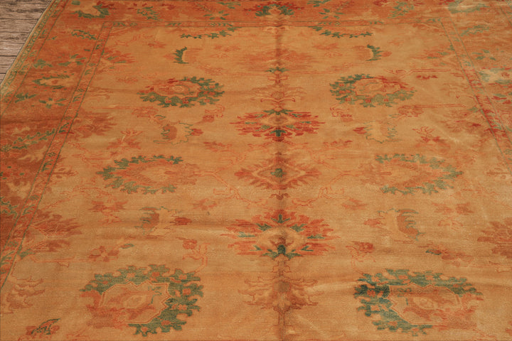 8x9 Beige, Gold, Aqua Color Hand Knotted Oushak Wool Arts & Crafts Oriental Rug