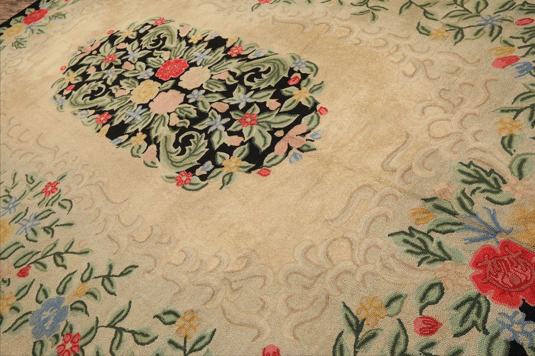 10x14 Beige, Green, Gold Color Hand Hooked Garden wool Traditional Oriental Rug