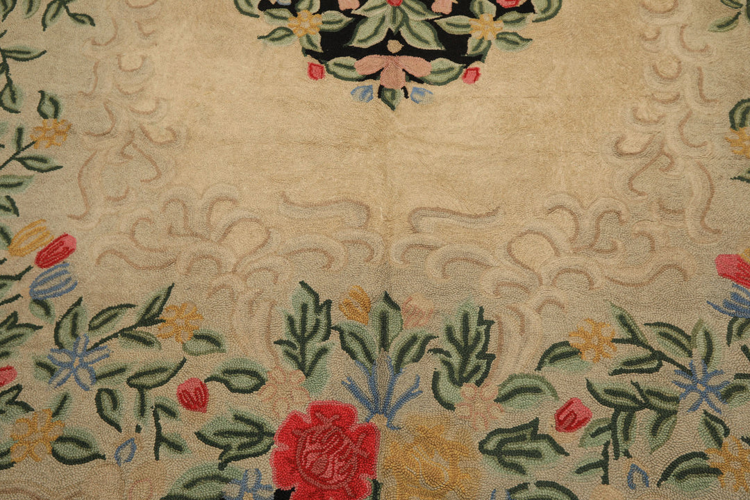 10x14 Beige, Green, Gold Color Hand Hooked Garden wool Traditional Oriental Rug