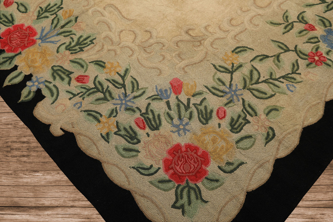 10x14 Beige, Green, Gold Color Hand Hooked Garden wool Traditional Oriental Rug