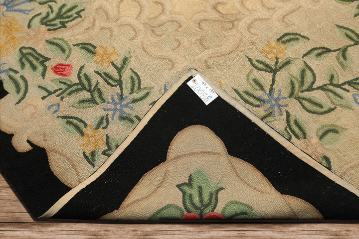 10x14 Beige, Green, Gold Color Hand Hooked Garden wool Traditional Oriental Rug