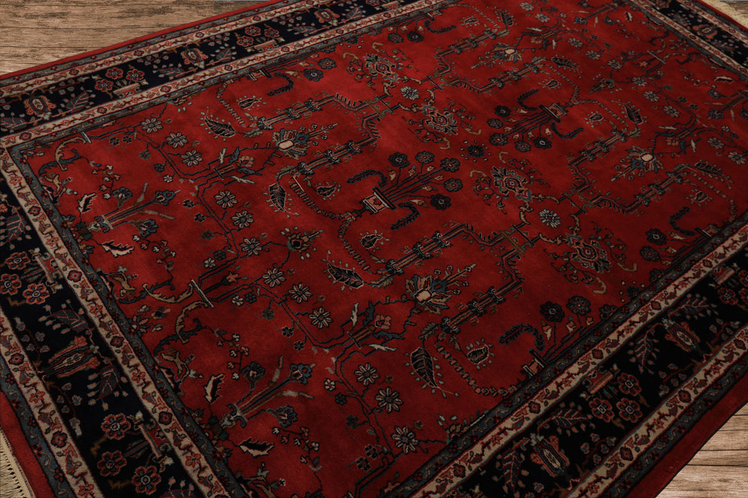 6x9 Burgundy, Navy, Ivory Color Hand Knotted Sarouk Wool Traditional Oriental Rug