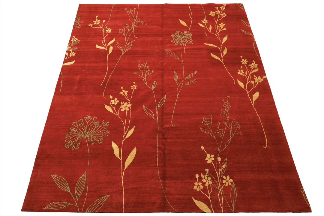 8x10 Red, Orange, Undertone Gold Color Hand Knotted Tibetan Wool & Silk Transitional Oriental Rug