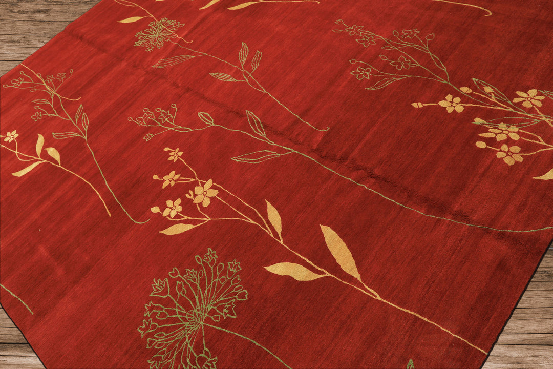 8x10 Red, Orange, Undertone Gold Color Hand Knotted Tibetan Wool & Silk Transitional Oriental Rug