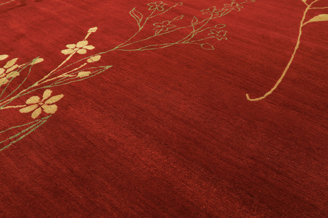 8x10 Red, Orange, Undertone Gold Color Hand Knotted Tibetan Wool & Silk Transitional Oriental Rug