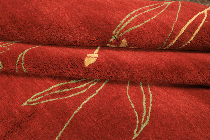 8x10 Red, Orange, Undertone Gold Color Hand Knotted Tibetan Wool & Silk Transitional Oriental Rug