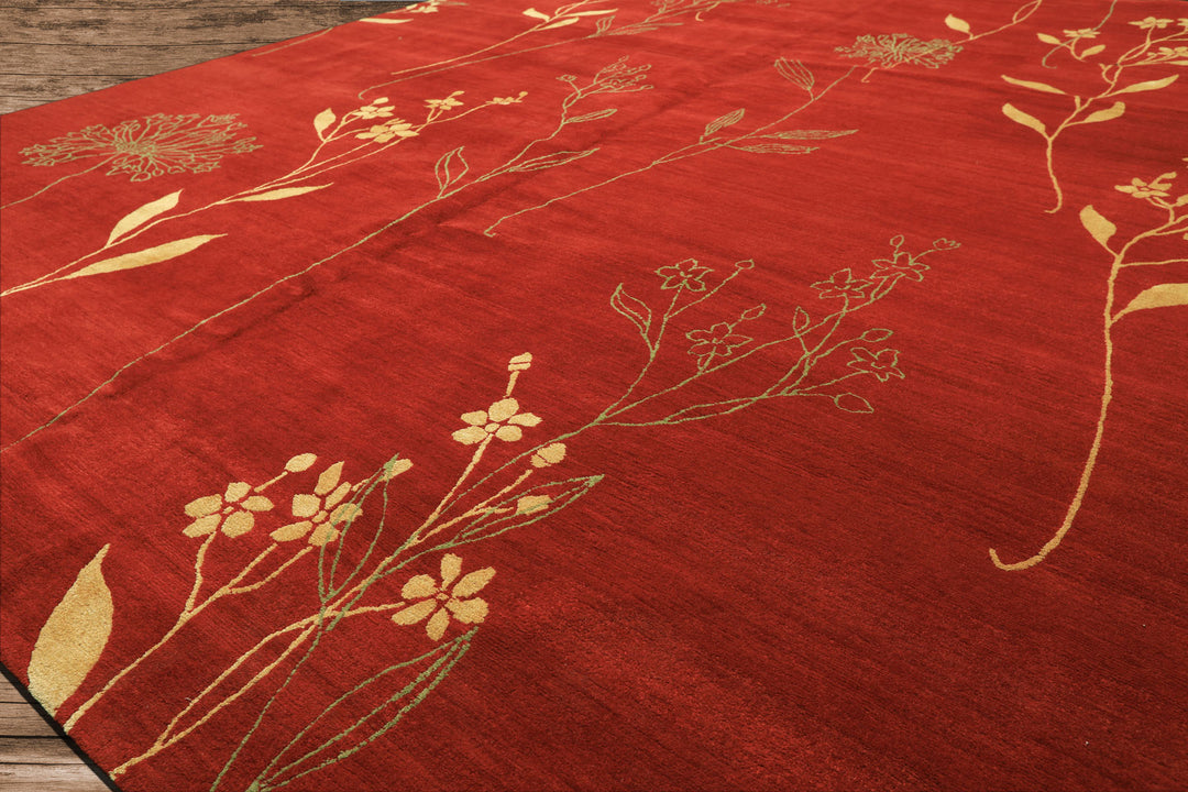 8x10 Red, Orange, Undertone Gold Color Hand Knotted Tibetan Wool & Silk Transitional Oriental Rug