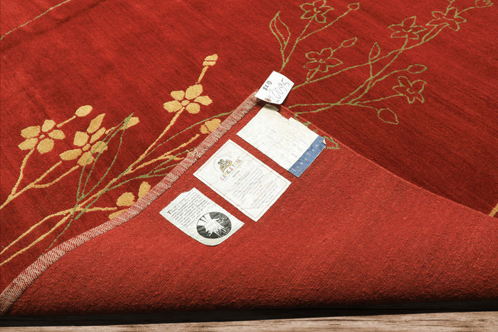 8x10 Red, Orange, Undertone Gold Color Hand Knotted Tibetan Wool & Silk Transitional Oriental Rug