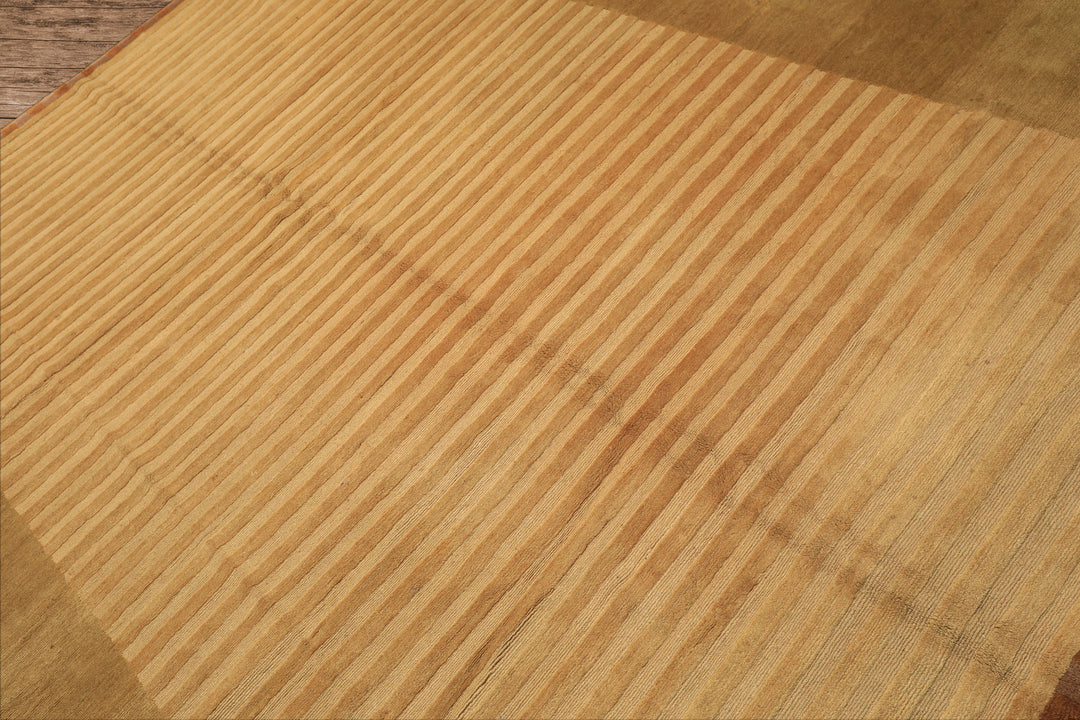 8x9 Khaki, Light Gold, Brown Color Hand Knotted Tibetan Wool Transitional Oriental Rug