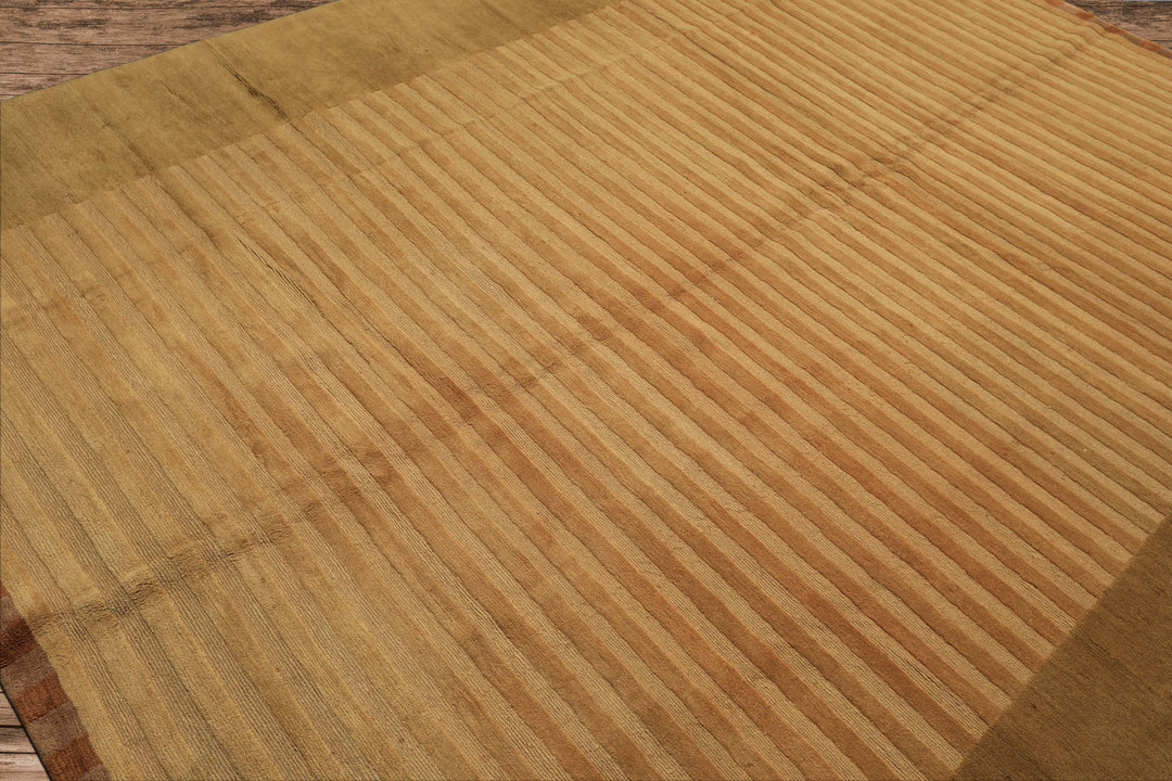 8x9 Khaki, Light Gold, Brown Color Hand Knotted Tibetan Wool Transitional Oriental Rug