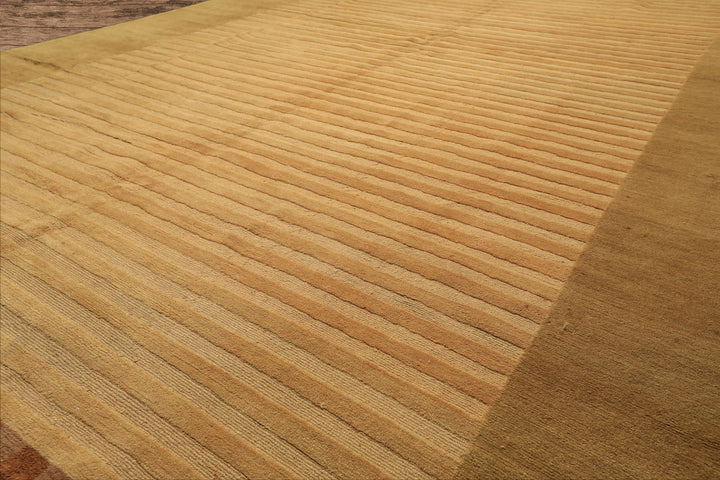 8x9 Khaki, Light Gold, Brown Color Hand Knotted Tibetan Wool Transitional Oriental Rug