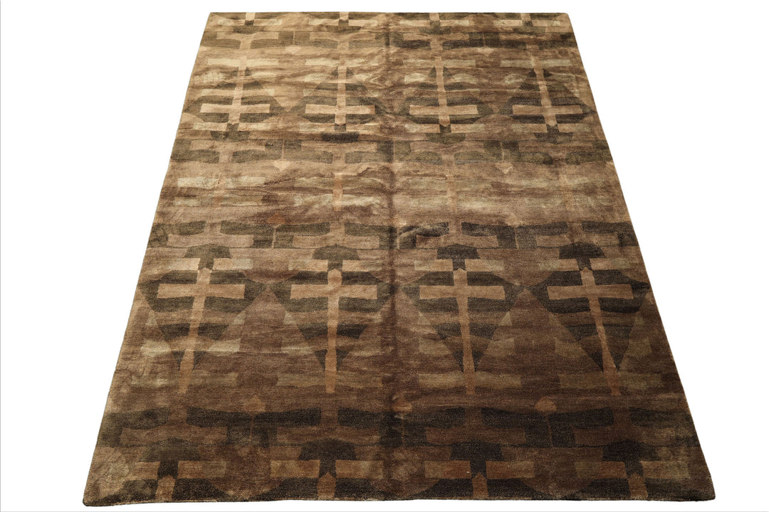 8x10 Moss, Brown, Beige Color Hand Knotted Tibetan Wool & Silk Modern & Contemporary Oriental Rug