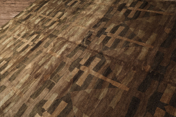 8x10 Moss, Brown, Beige Color Hand Knotted Tibetan Wool & Silk Modern & Contemporary Oriental Rug