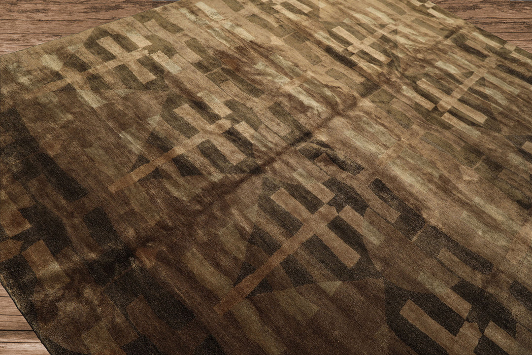 8x10 Moss, Brown, Beige Color Hand Knotted Tibetan Wool & Silk Modern & Contemporary Oriental Rug