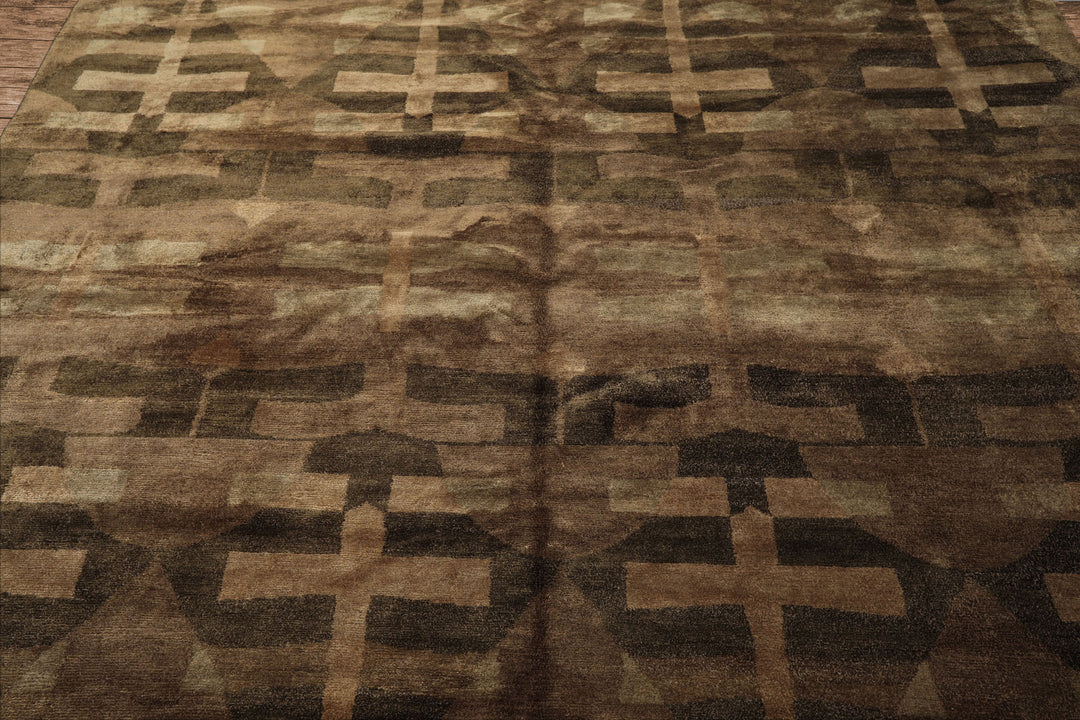 8x10 Moss, Brown, Beige Color Hand Knotted Tibetan Wool & Silk Modern & Contemporary Oriental Rug