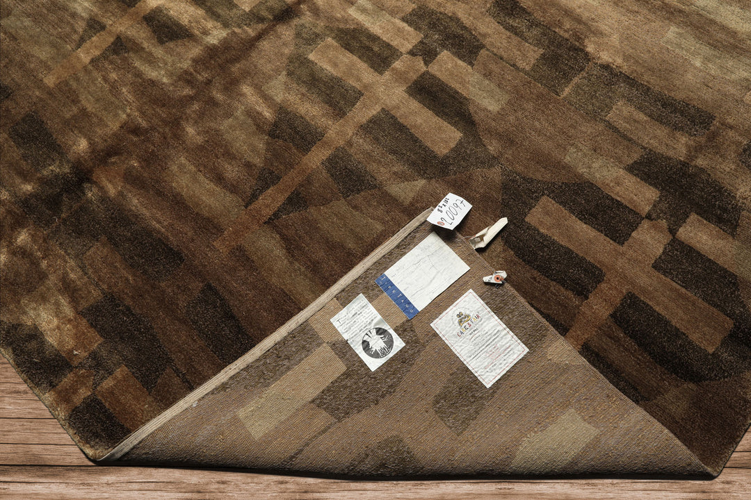 8x10 Moss, Brown, Beige Color Hand Knotted Tibetan Wool & Silk Modern & Contemporary Oriental Rug